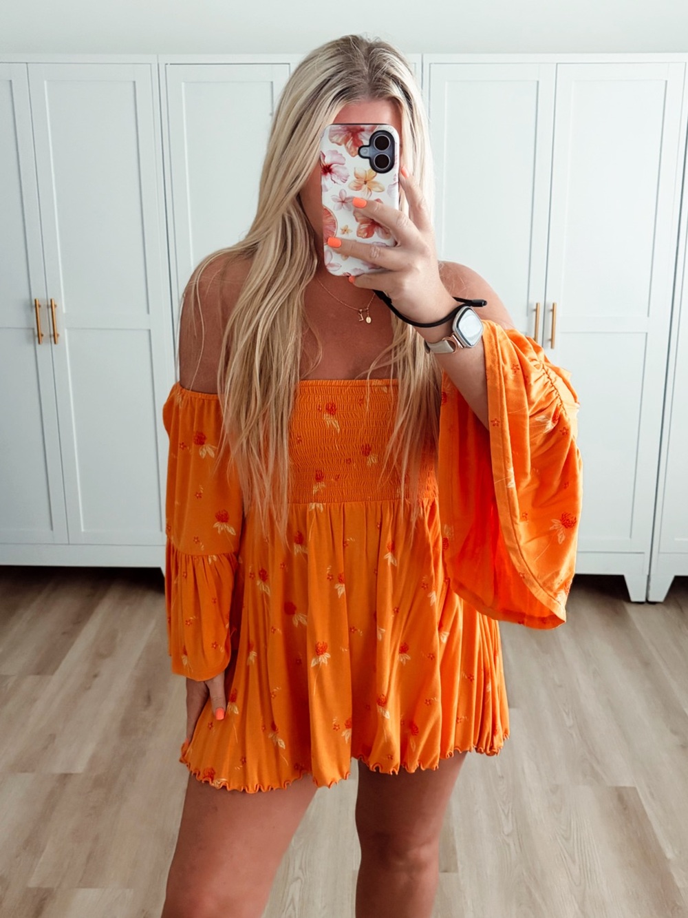 🆕 NWT Orange floral off the shoulder smocked dress/top